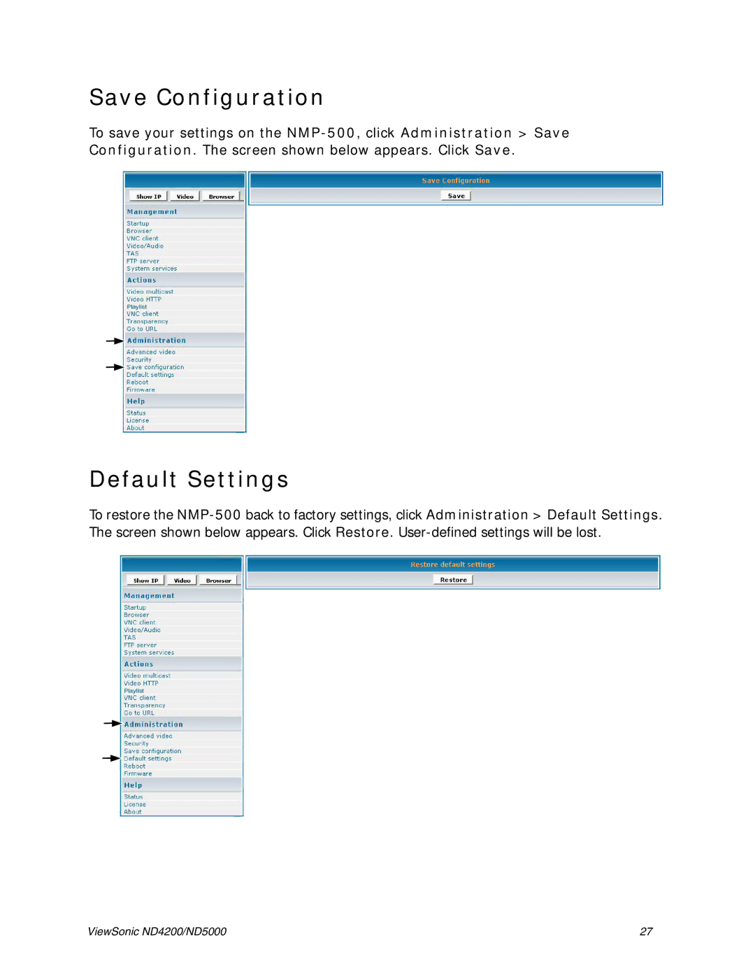 ViewSonic ND5000, ND4200 manual Save Configuration, Default Settings 