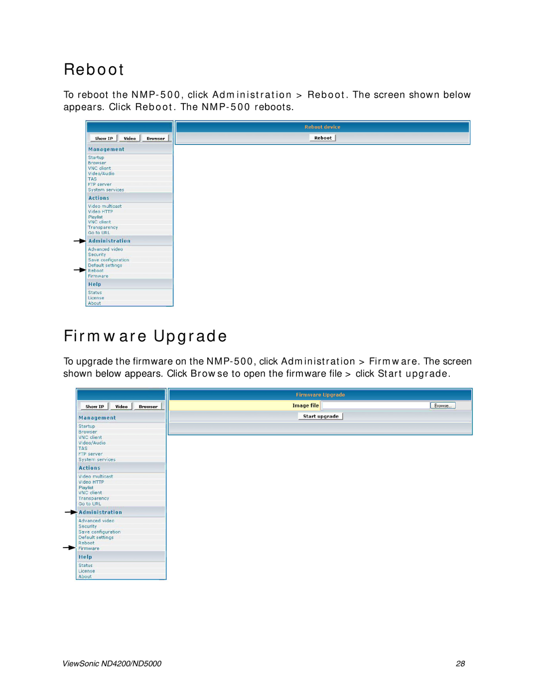 ViewSonic ND4200, ND5000 manual Reboot, Firmware Upgrade 