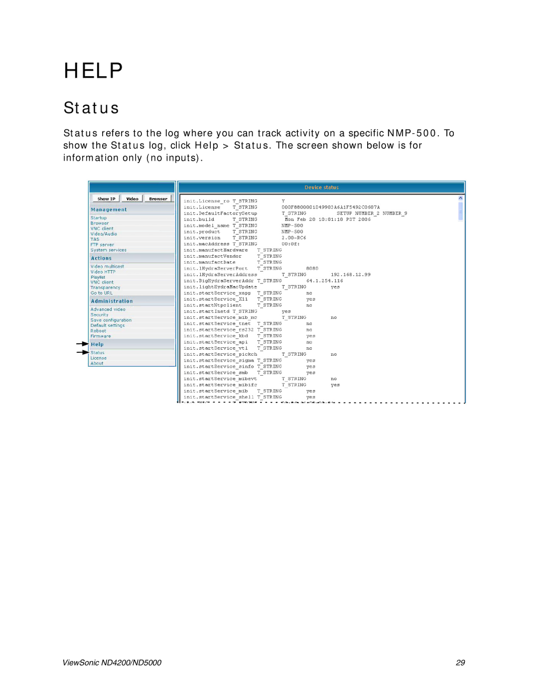 ViewSonic ND5000, ND4200 manual Help, Status 