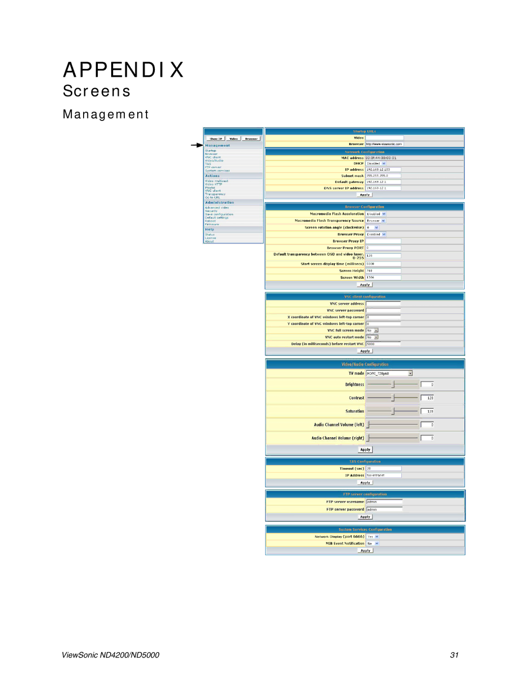 ViewSonic ND5000, ND4200 manual Appendix, Screens 