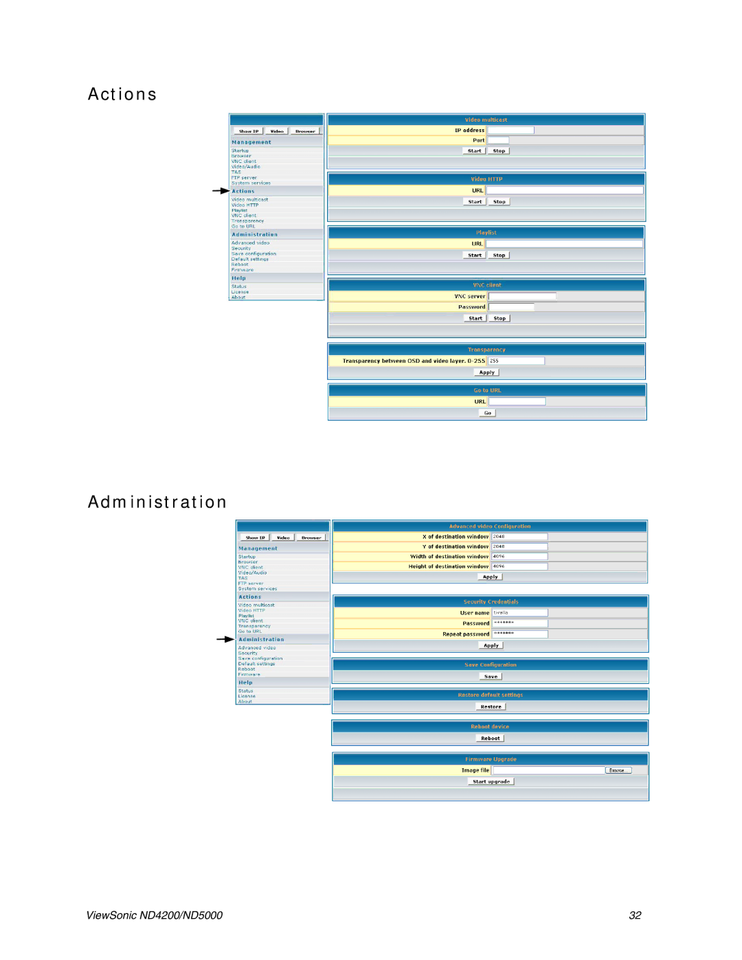 ViewSonic ND4200, ND5000 manual Actions Administration 