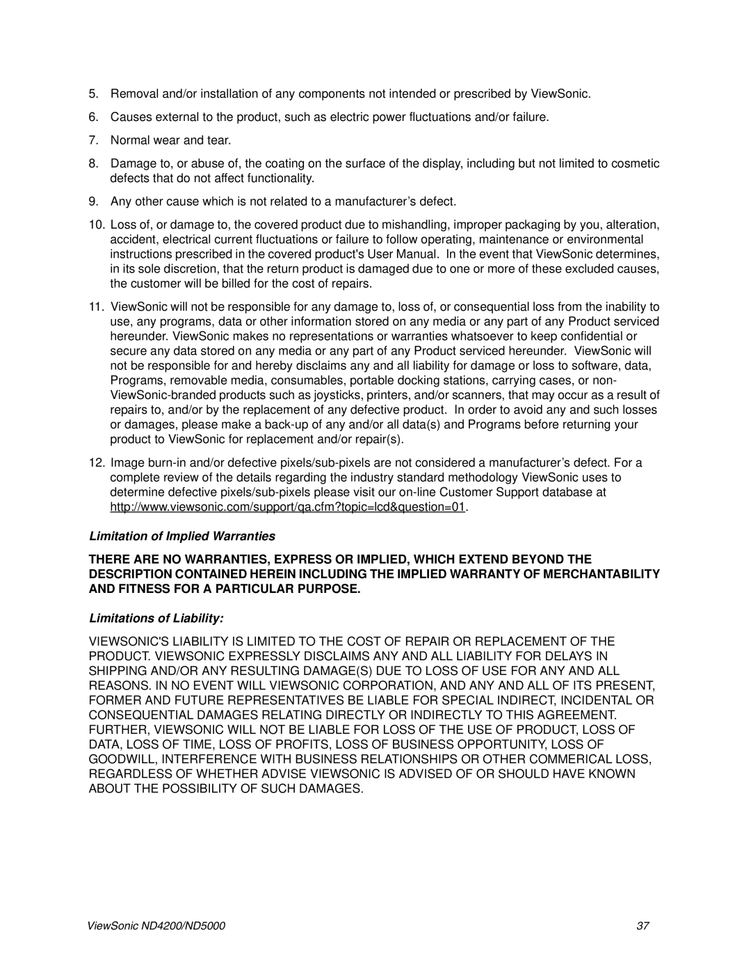 ViewSonic ND5000, ND4200 manual Limitation of Implied Warranties 