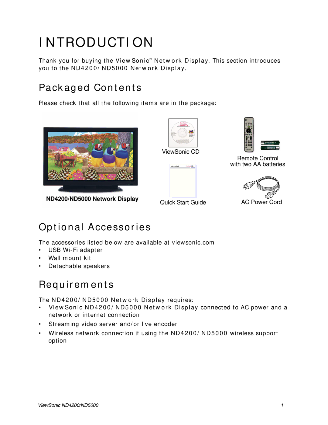 ViewSonic ND5000, ND4200 manual Introduction, Packaged Contents, Optional Accessories, Requirements 