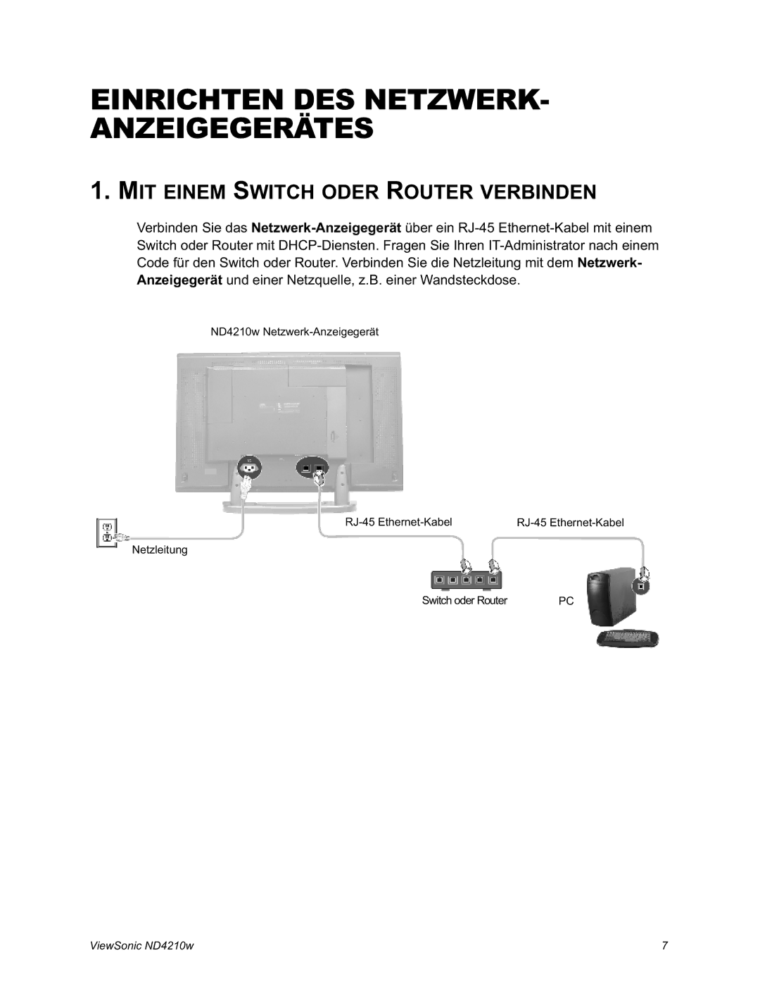 ViewSonic ND4210w manual Einrichten DES NETZWERK- Anzeigegerätes, MIT Einem Switch Oder Router Verbinden 