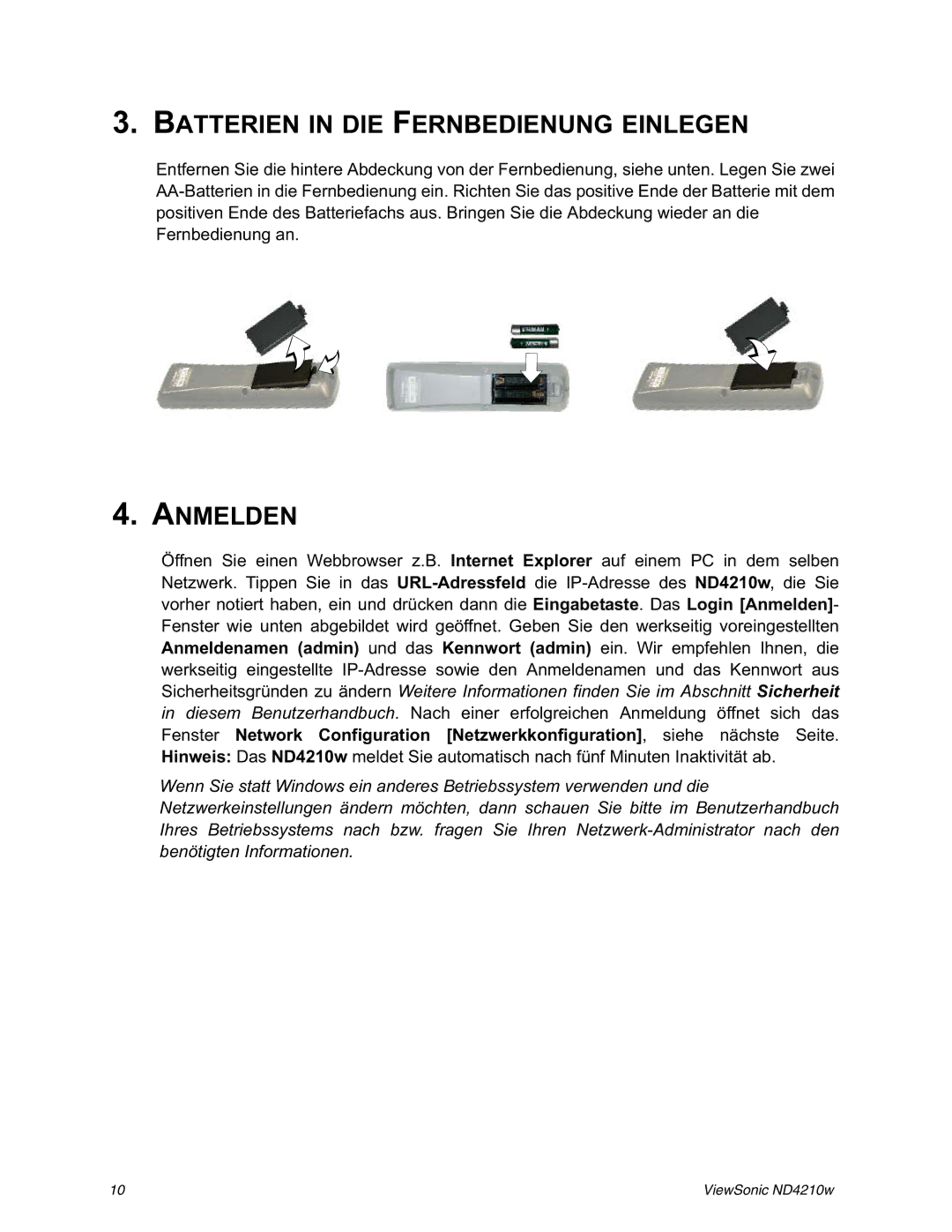 ViewSonic ND4210w manual Batterien in DIE Fernbedienung Einlegen, Anmelden 