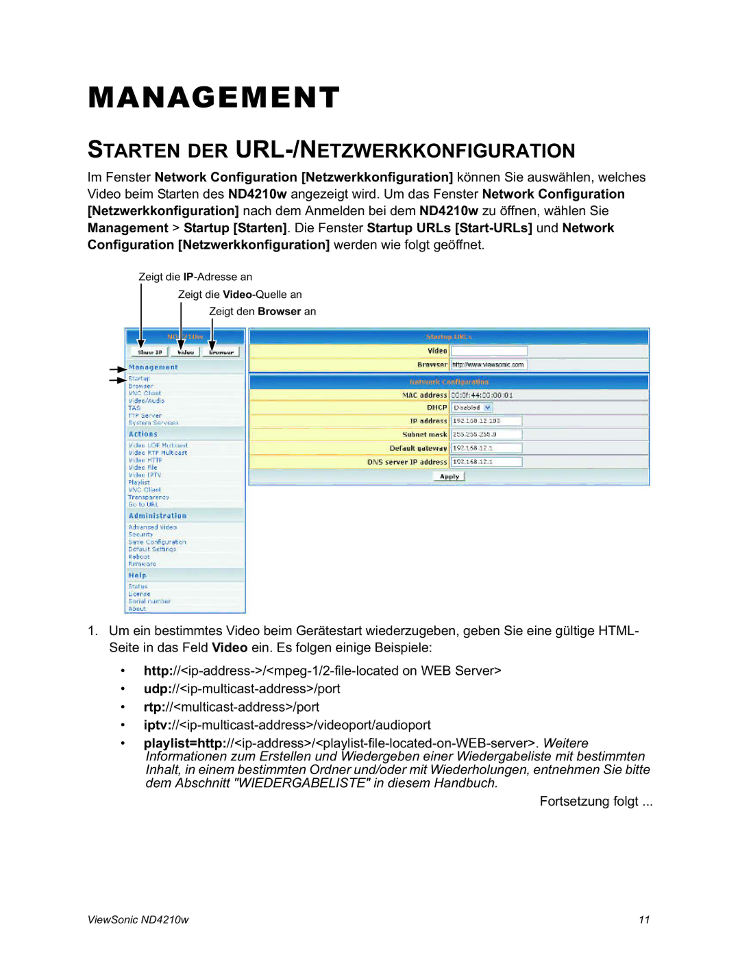 ViewSonic ND4210w manual Management, Starten DER URL-/NETZWERKKONFIGURATION 
