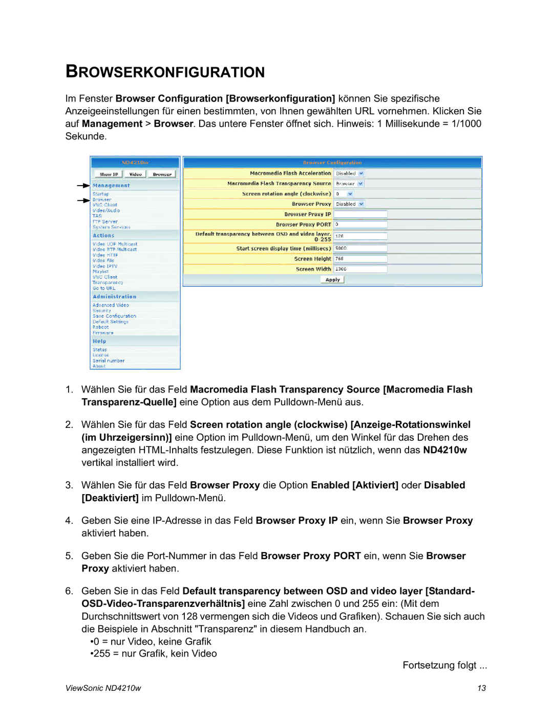 ViewSonic ND4210w manual Browserkonfiguration 