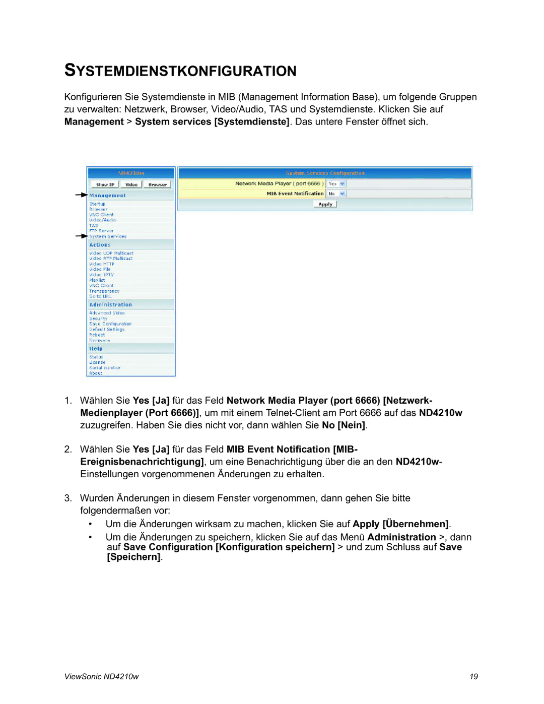 ViewSonic ND4210w manual Systemdienstkonfiguration 