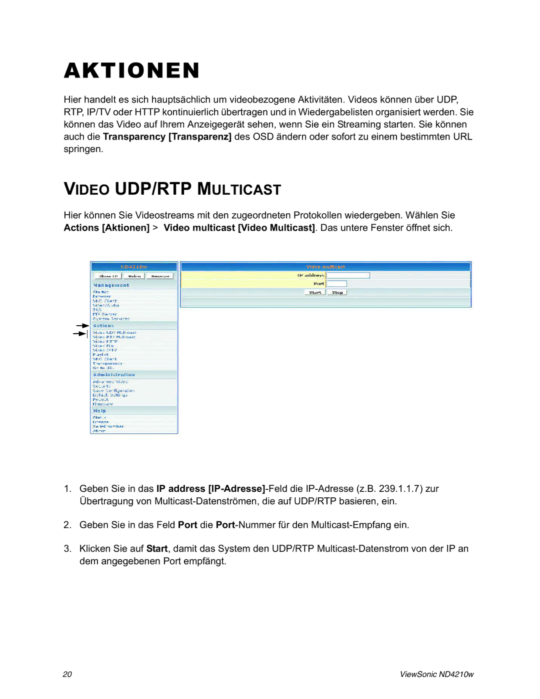 ViewSonic ND4210w manual Aktionen, Video UDP/RTP Multicast 