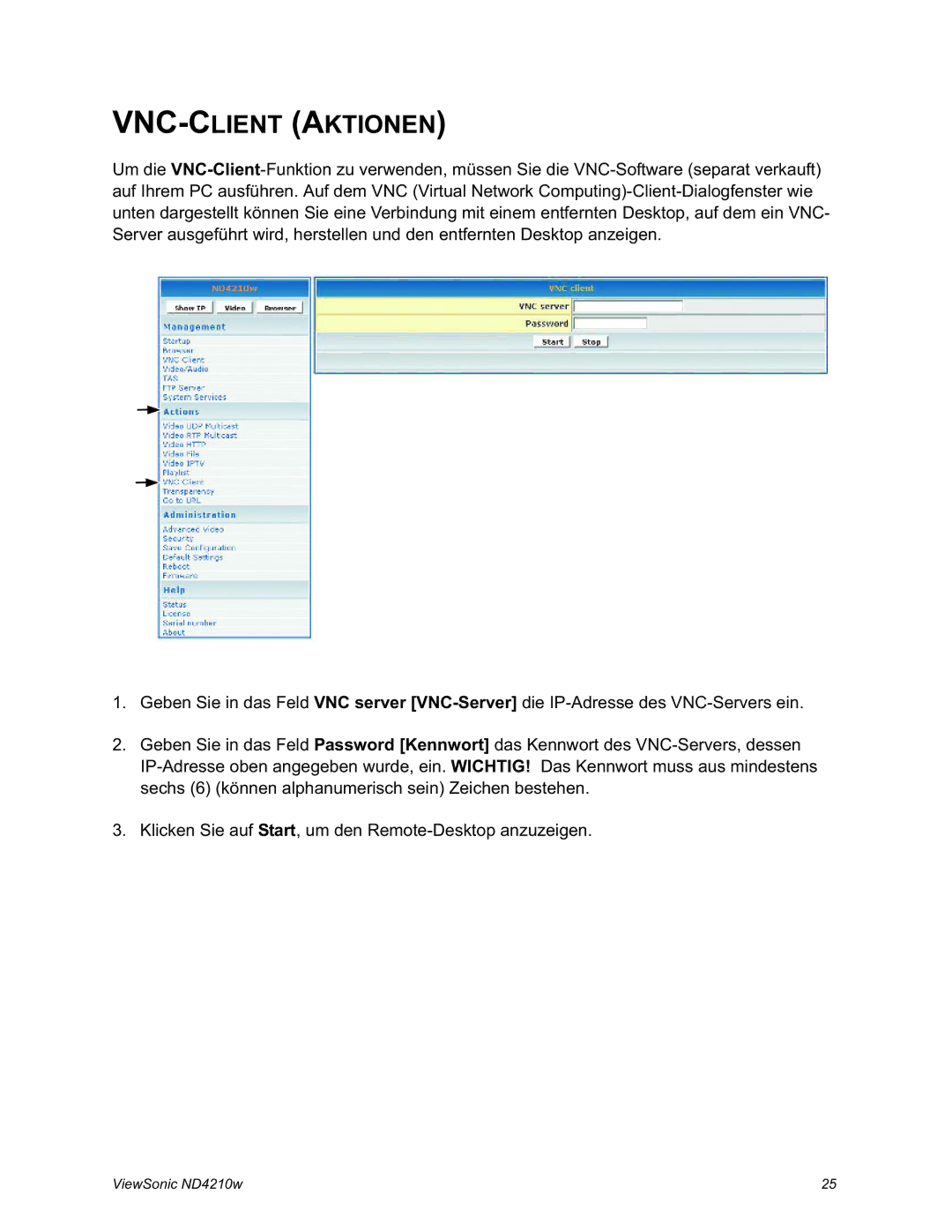 ViewSonic ND4210w manual VNC-CLIENT Aktionen 