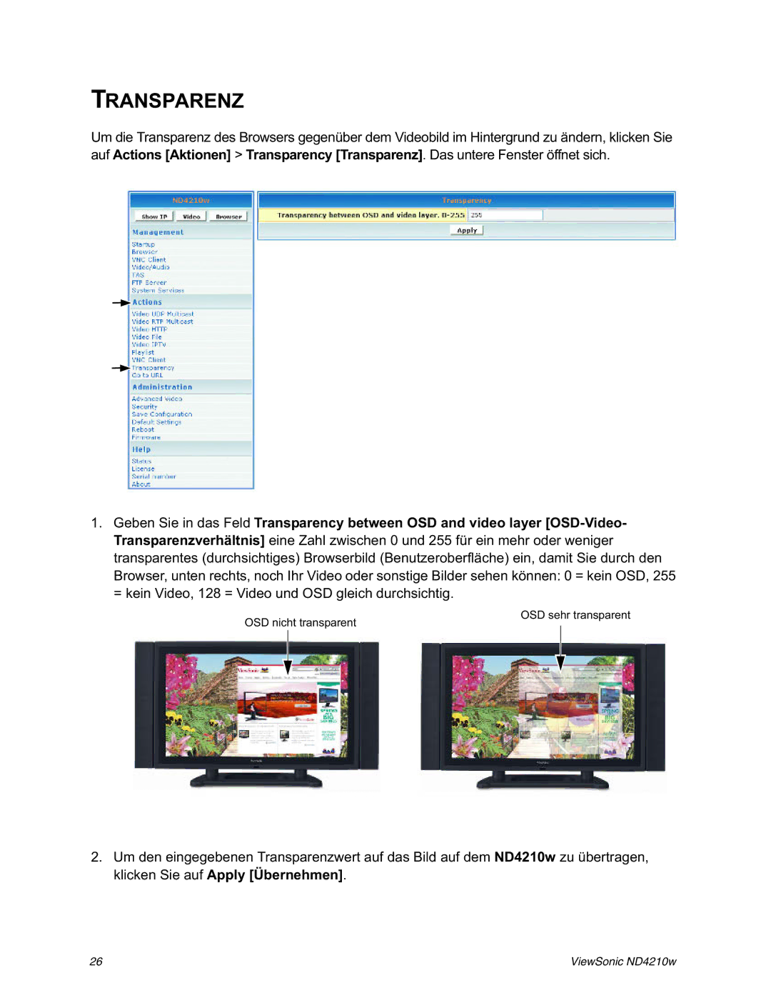 ViewSonic ND4210w manual Transparenz 