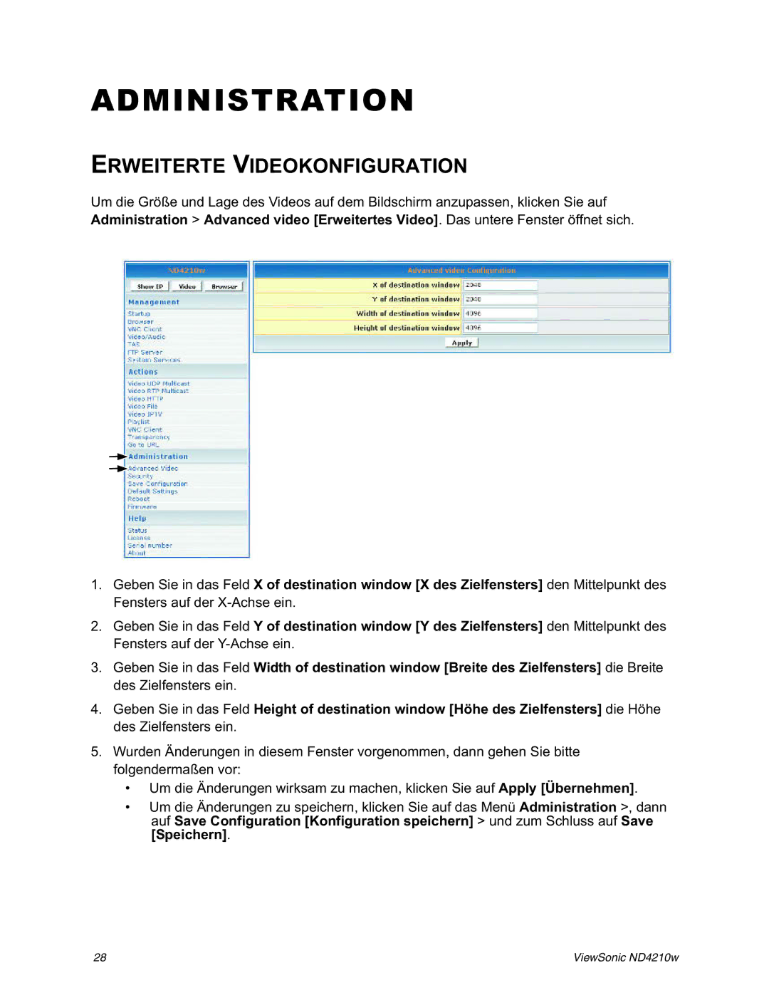 ViewSonic ND4210w manual Administration, Erweiterte Videokonfiguration 