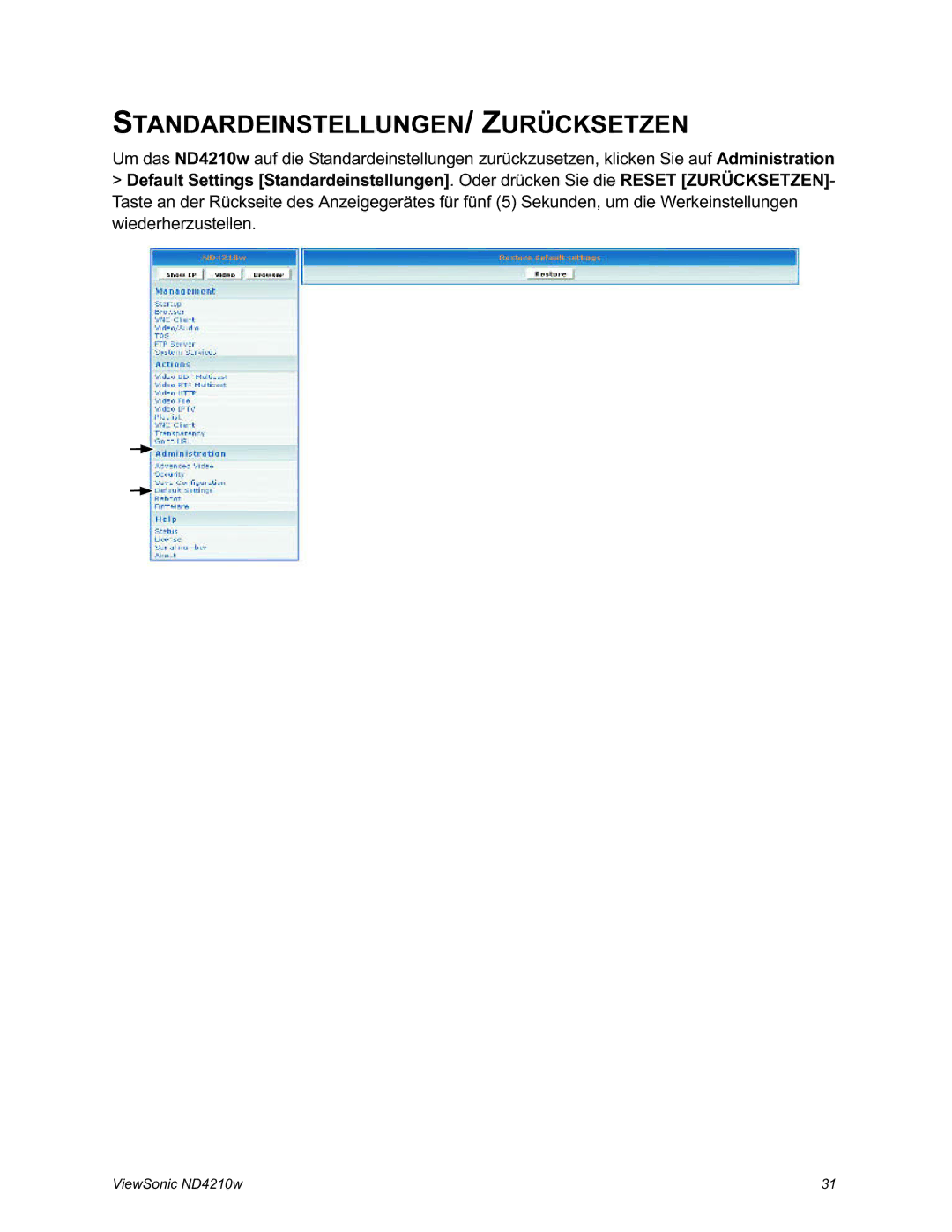 ViewSonic ND4210w manual STANDARDEINSTELLUNGEN/ Zurücksetzen 