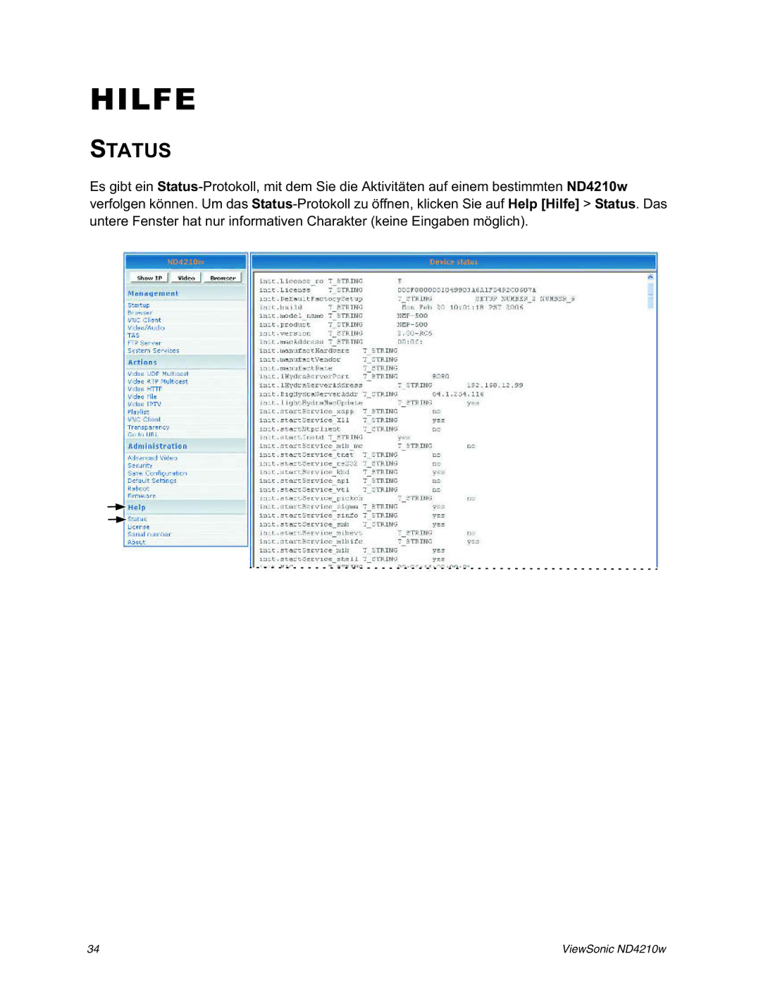 ViewSonic ND4210w manual Hilfe, Status 