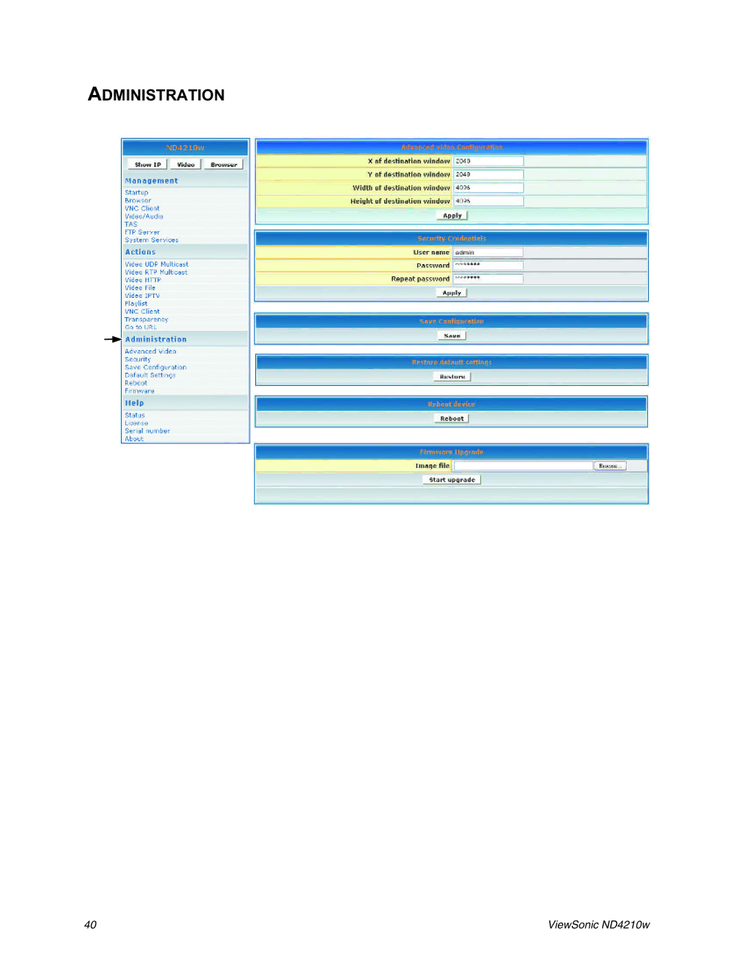 ViewSonic ND4210w manual Administration 