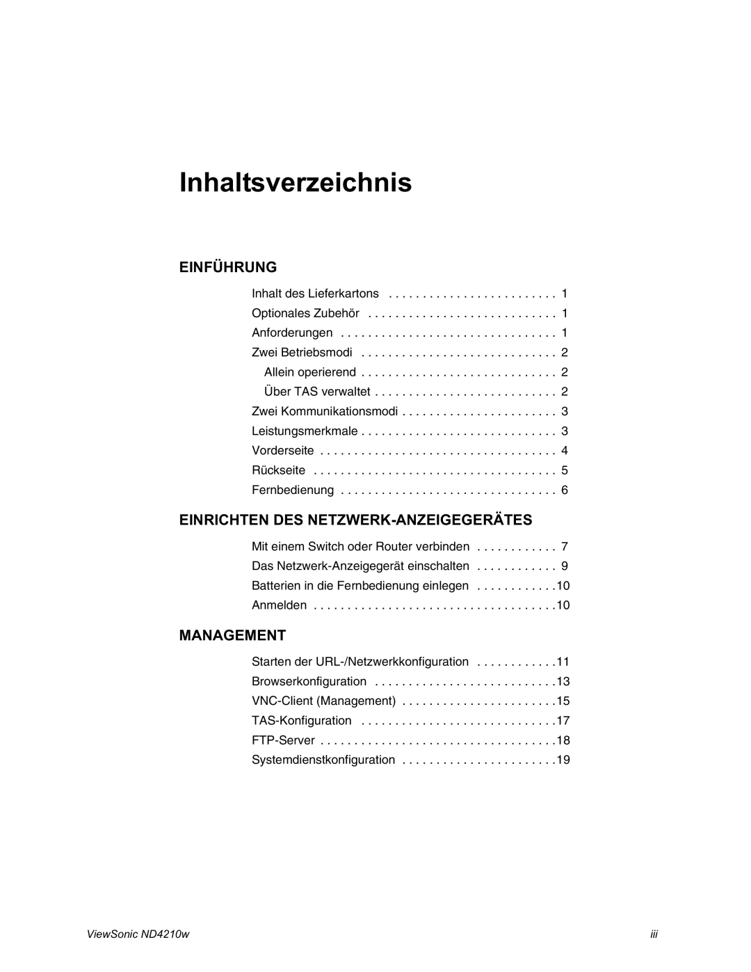 ViewSonic ND4210w manual Inhaltsverzeichnis 