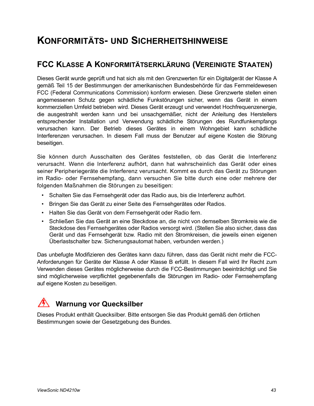 ViewSonic ND4210w manual KONFORMITÄTS- UND Sicherheitshinweise, FCC Klasse a Konformitätserklärung Vereinigte Staaten 