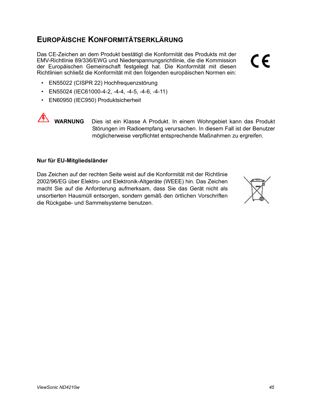 ViewSonic ND4210w manual Europäische Konformitätserklärung 