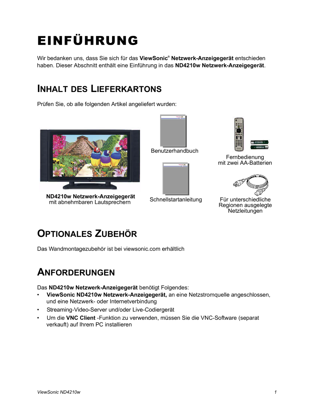 ViewSonic ND4210w manual Inhalt DES Lieferkartons, Optionales Zubehör Anforderungen 