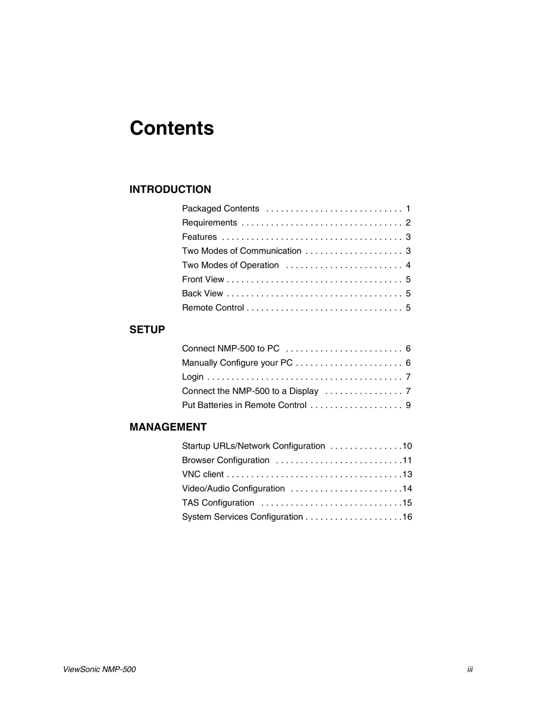 ViewSonic NMP-500 manual Contents 