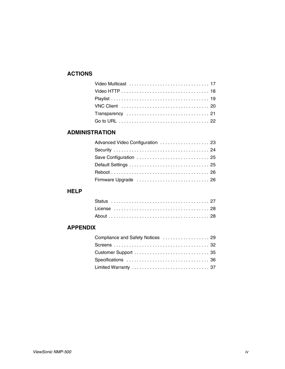 ViewSonic NMP-500 manual Actions 