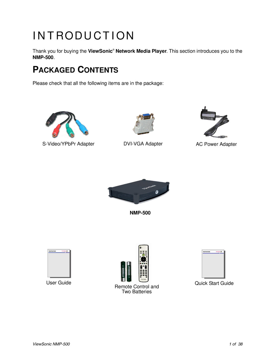 ViewSonic NMP-500 manual Introduction, Packaged Contents 