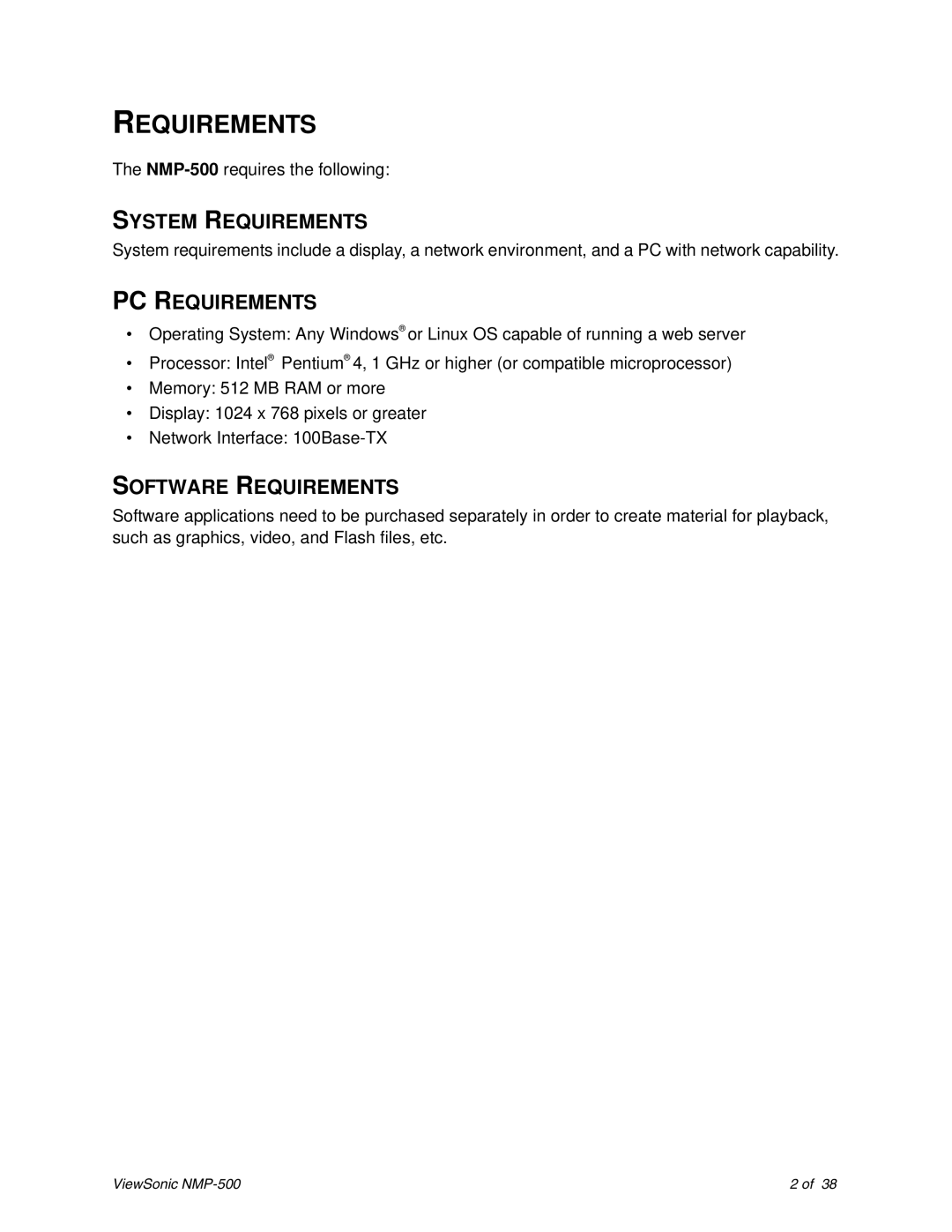 ViewSonic NMP-500 manual System Requirements 