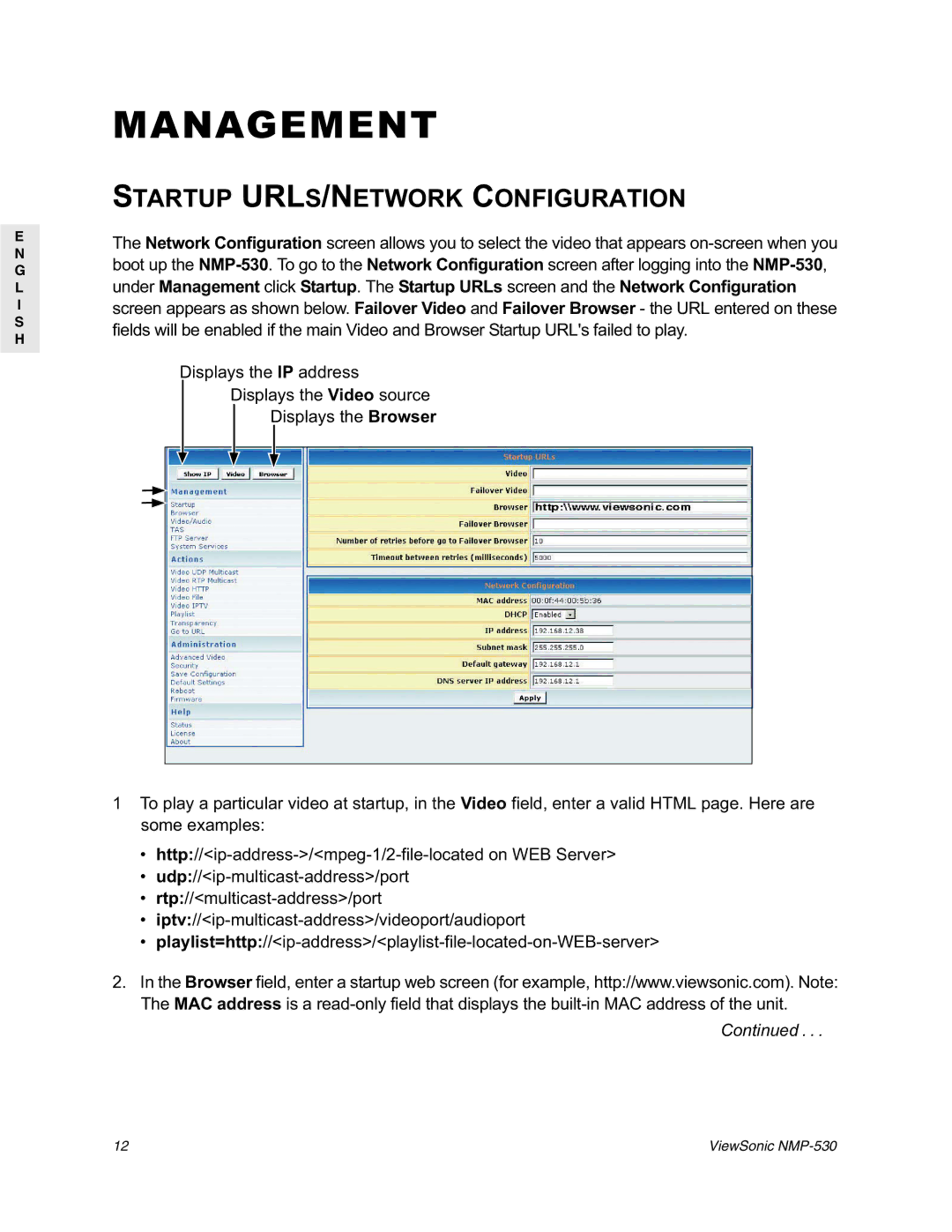 ViewSonic NMP-530 manual Management, Startup URLS/NETWORK Configuration 