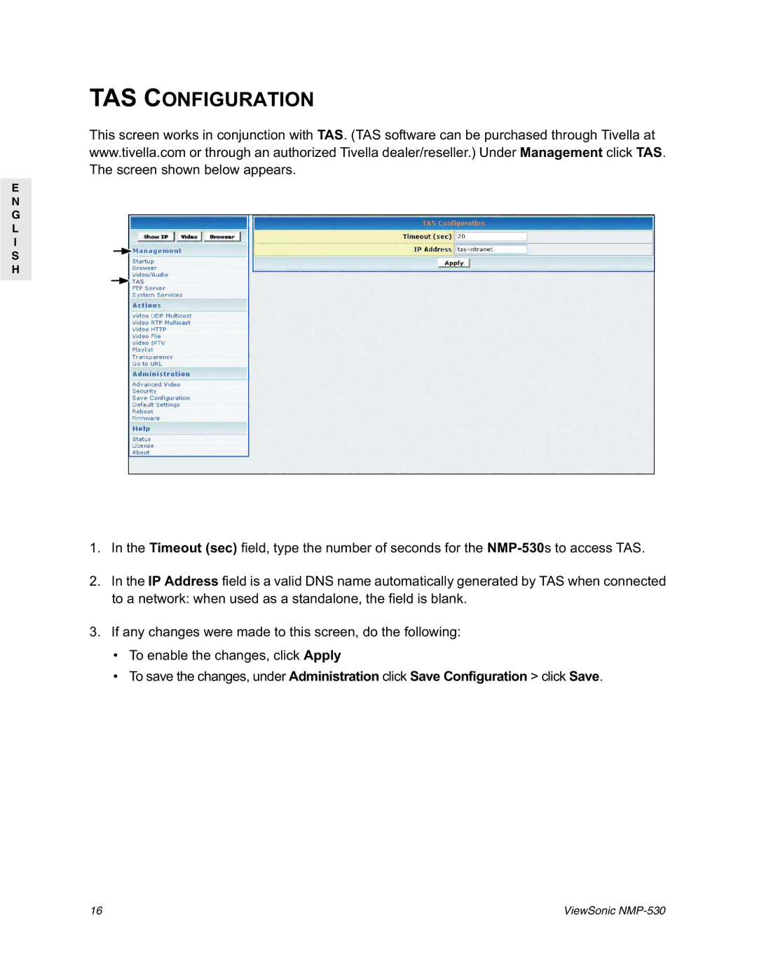 ViewSonic NMP-530 manual TAS Configuration 