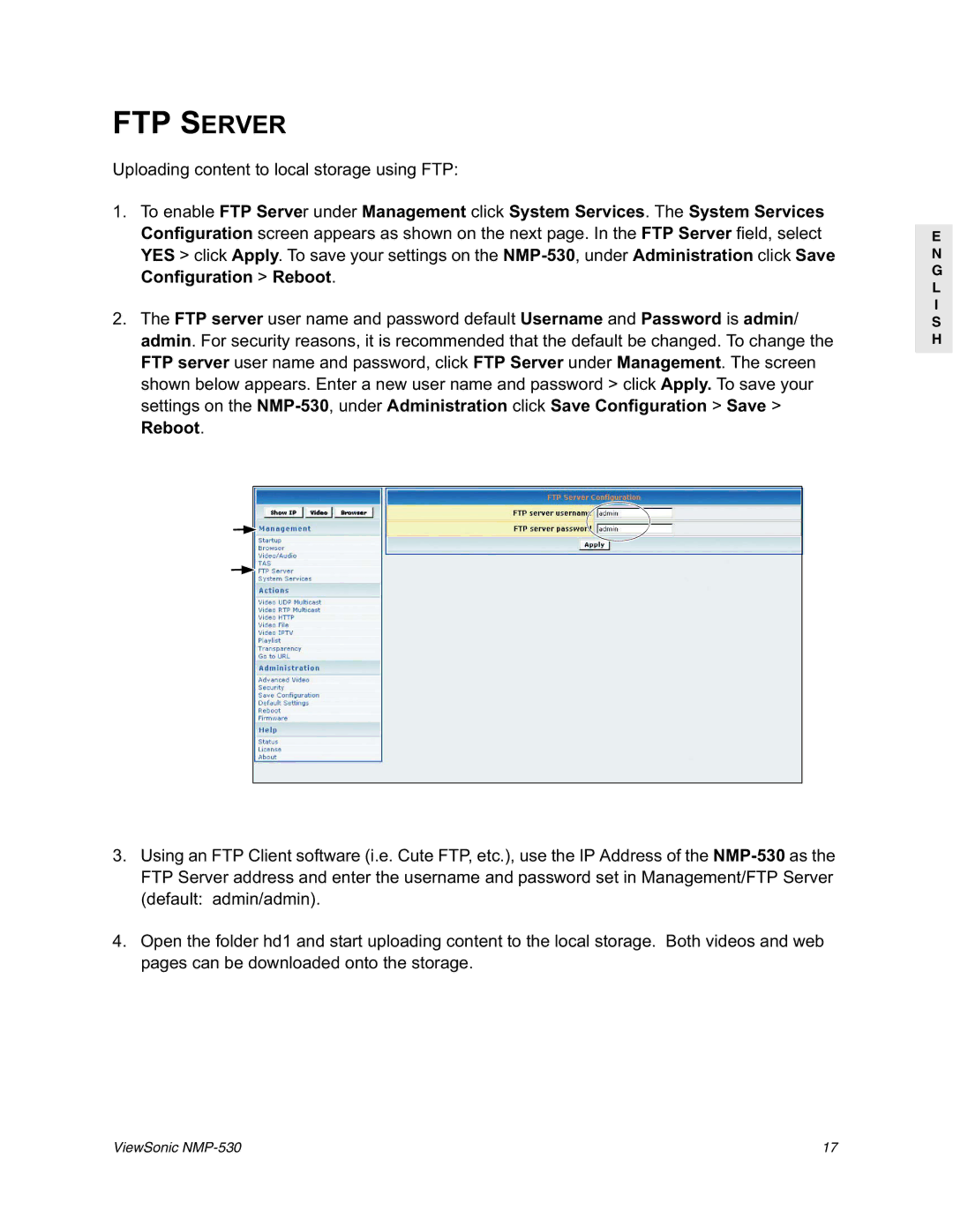 ViewSonic NMP-530 manual FTP Server 