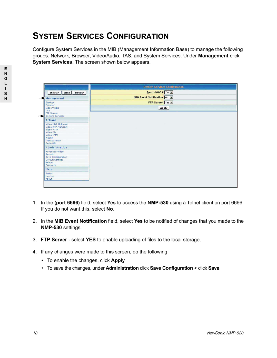 ViewSonic NMP-530 manual System Services Configuration 