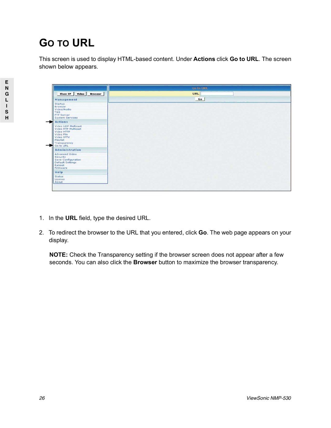 ViewSonic NMP-530 manual GO to URL 