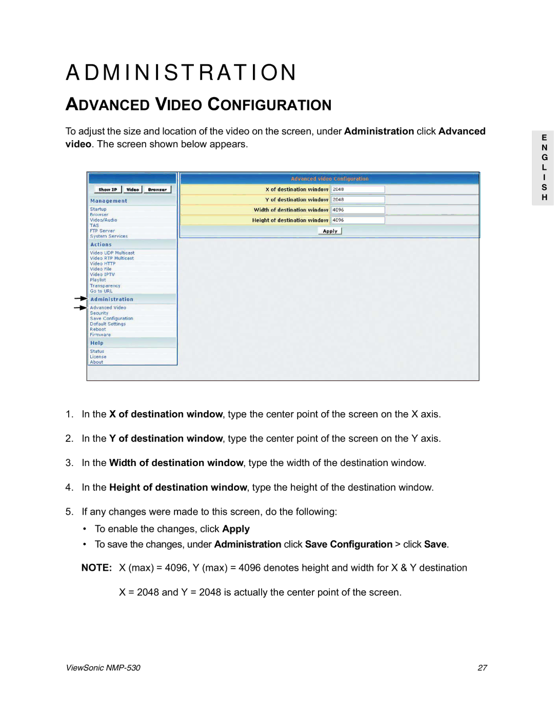 ViewSonic NMP-530 manual Administration, Advanced Video Configuration 