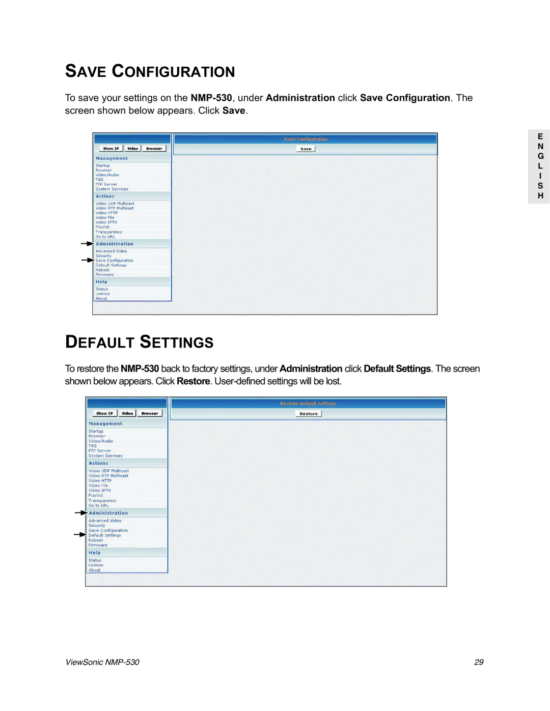 ViewSonic NMP-530 manual Save Configuration, Default Settings 