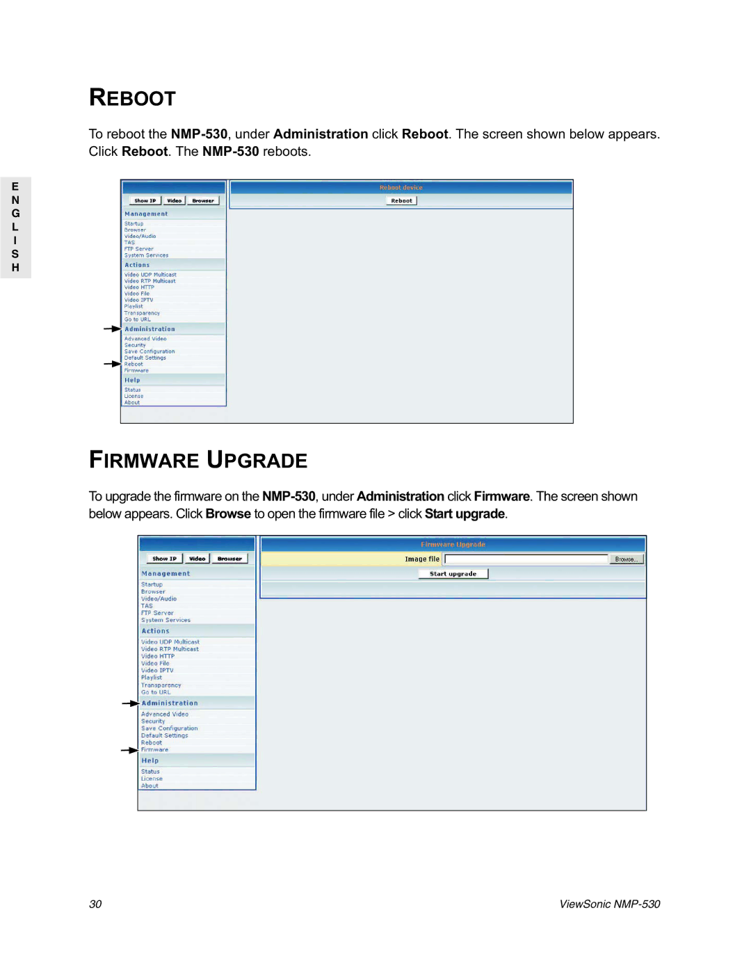 ViewSonic NMP-530 manual Reboot, Firmware Upgrade 