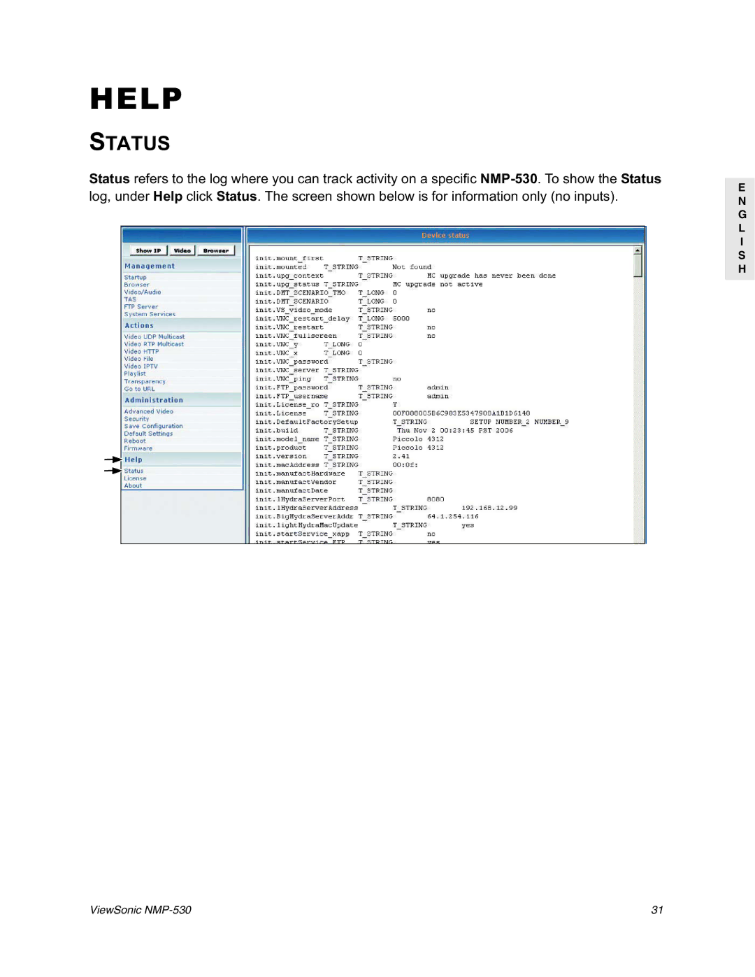 ViewSonic NMP-530 manual Help, Status 