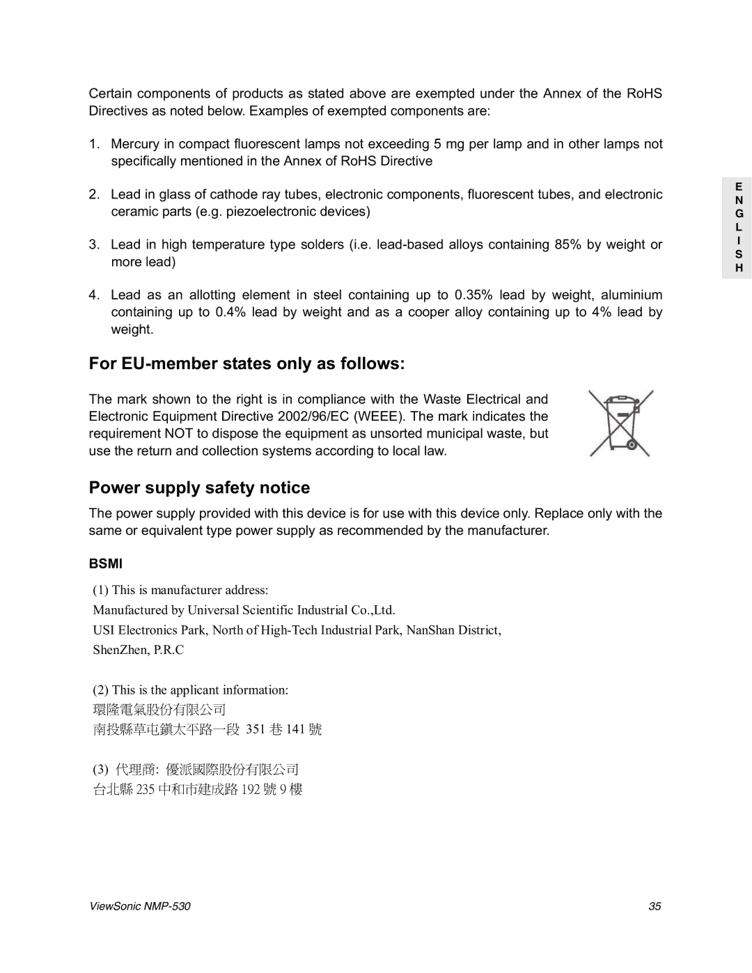 ViewSonic NMP-530 manual For EU-member states only as follows 