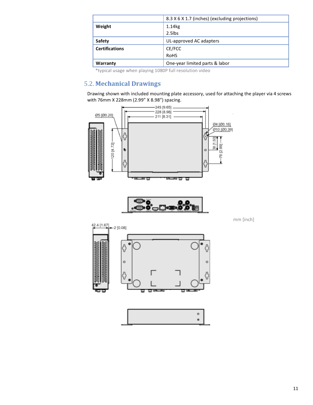 ViewSonic NMP-550 user manual Mechanical Drawings 