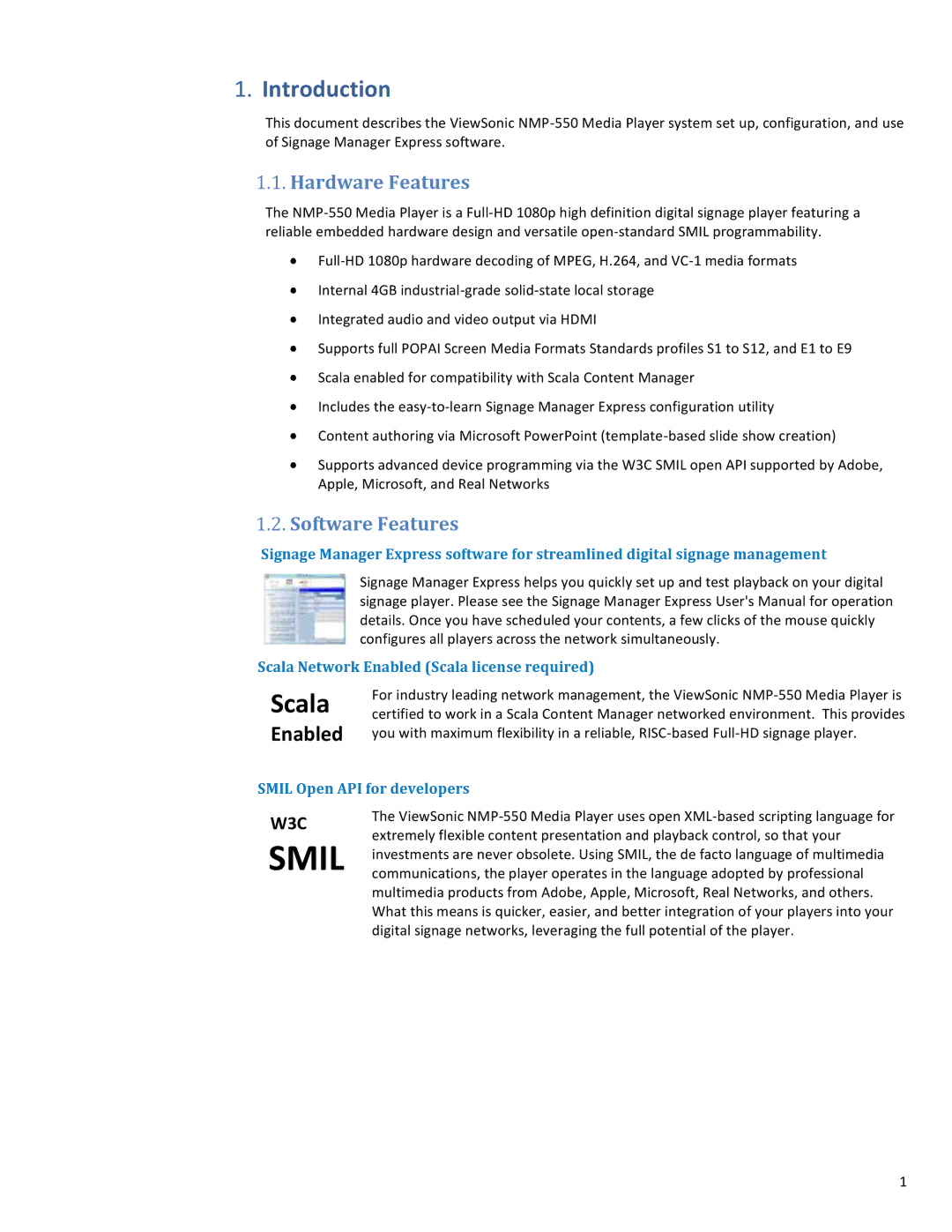 ViewSonic NMP-550 user manual Introduction, Hardware Features, Software Features 