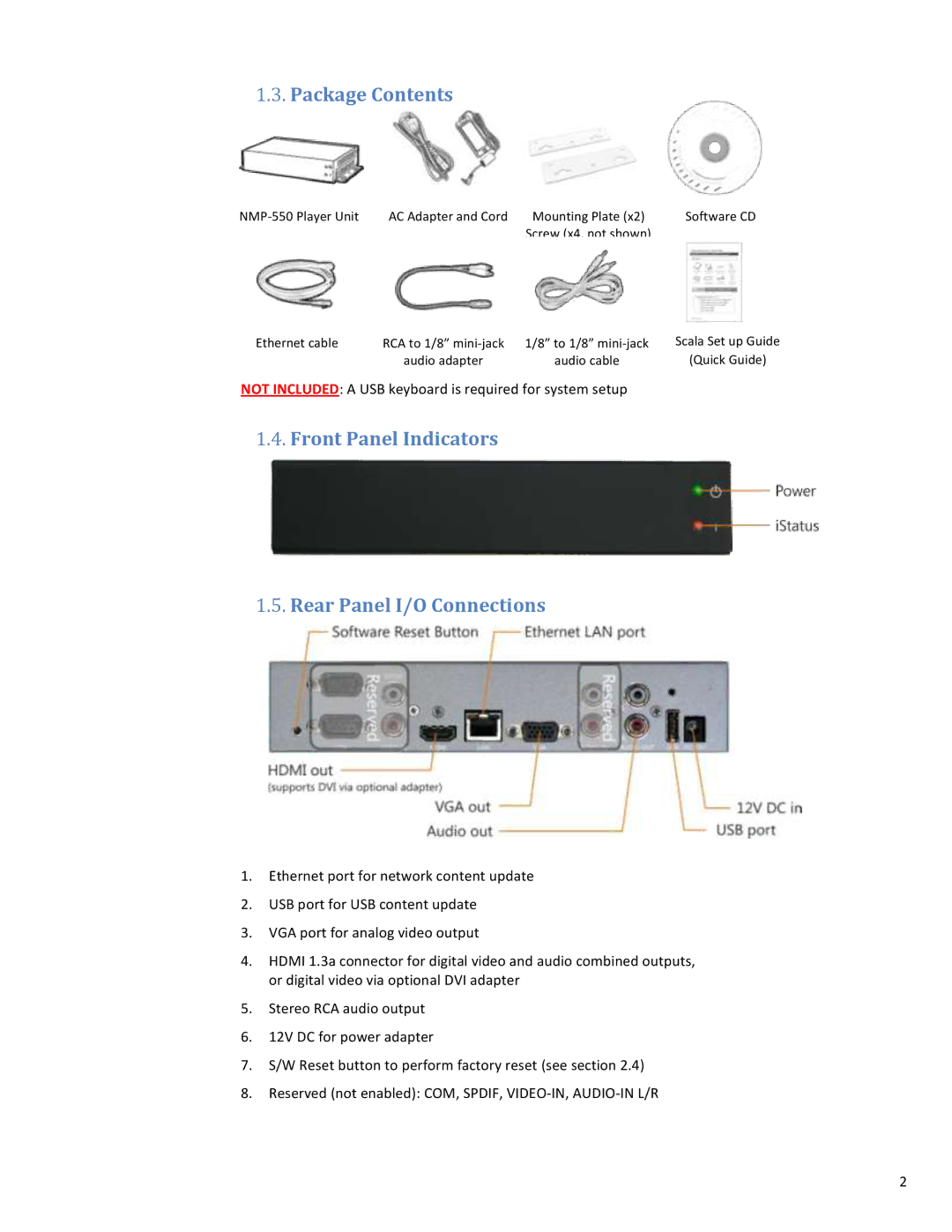 ViewSonic NMP-550 user manual Package Contents, Front Panel Indicators Rear Panel I/O Connections 