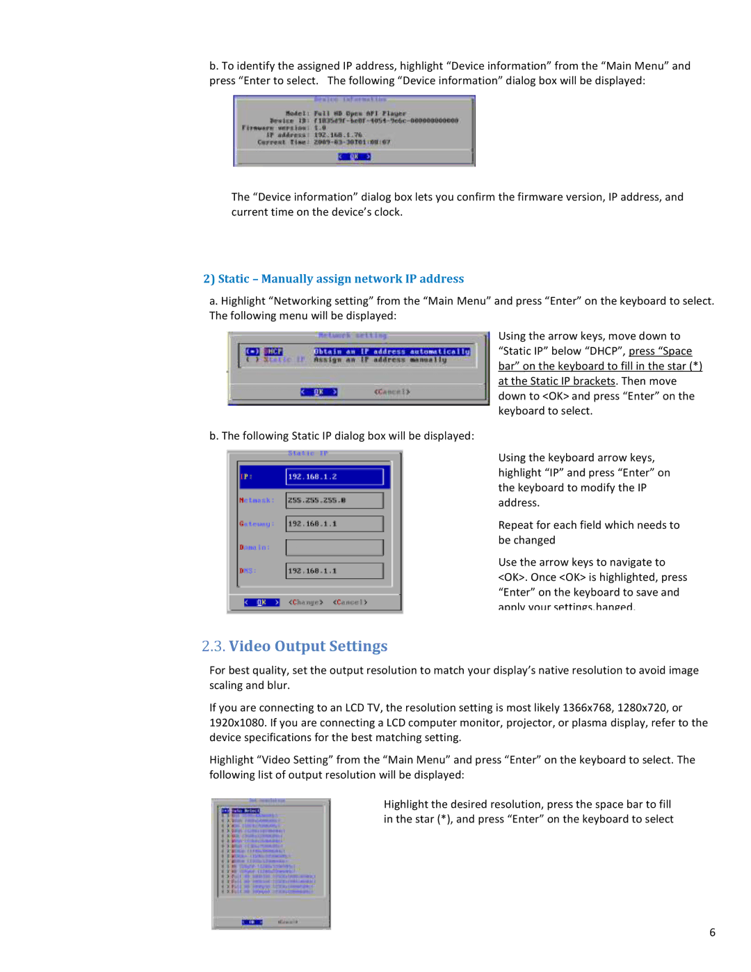 ViewSonic NMP-550 user manual Video Output Settings, Static Manually assign network IP address 