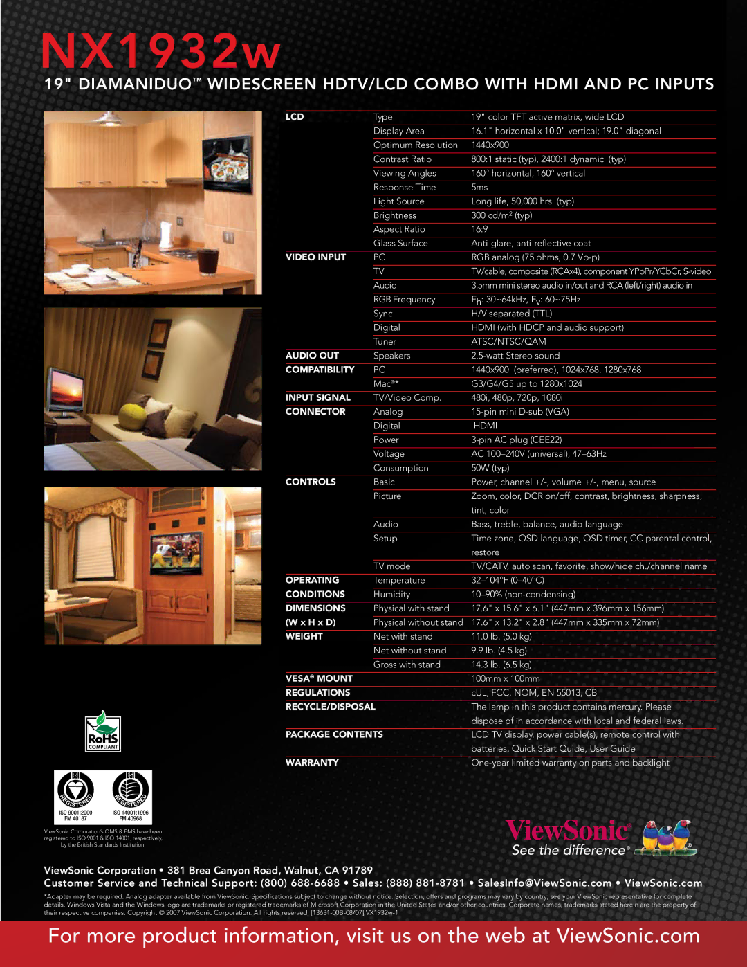 ViewSonic NX1932w Lcd, Video Input, Audio OUT, Compatibility, Input Signal, Connector, Controls, Operating, Conditions 