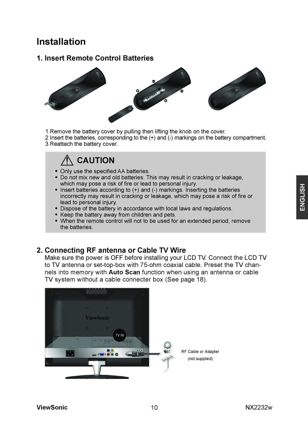 ViewSonic NX2232w manual Installation, Insert Remote Control Batteries, Connecting RF antenna or Cable TV Wire 