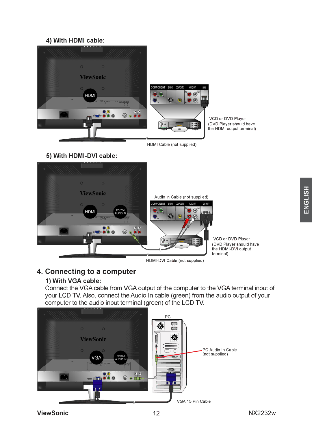 ViewSonic NX2232w manual Connecting to a computer, With HDMI-DVI cable 