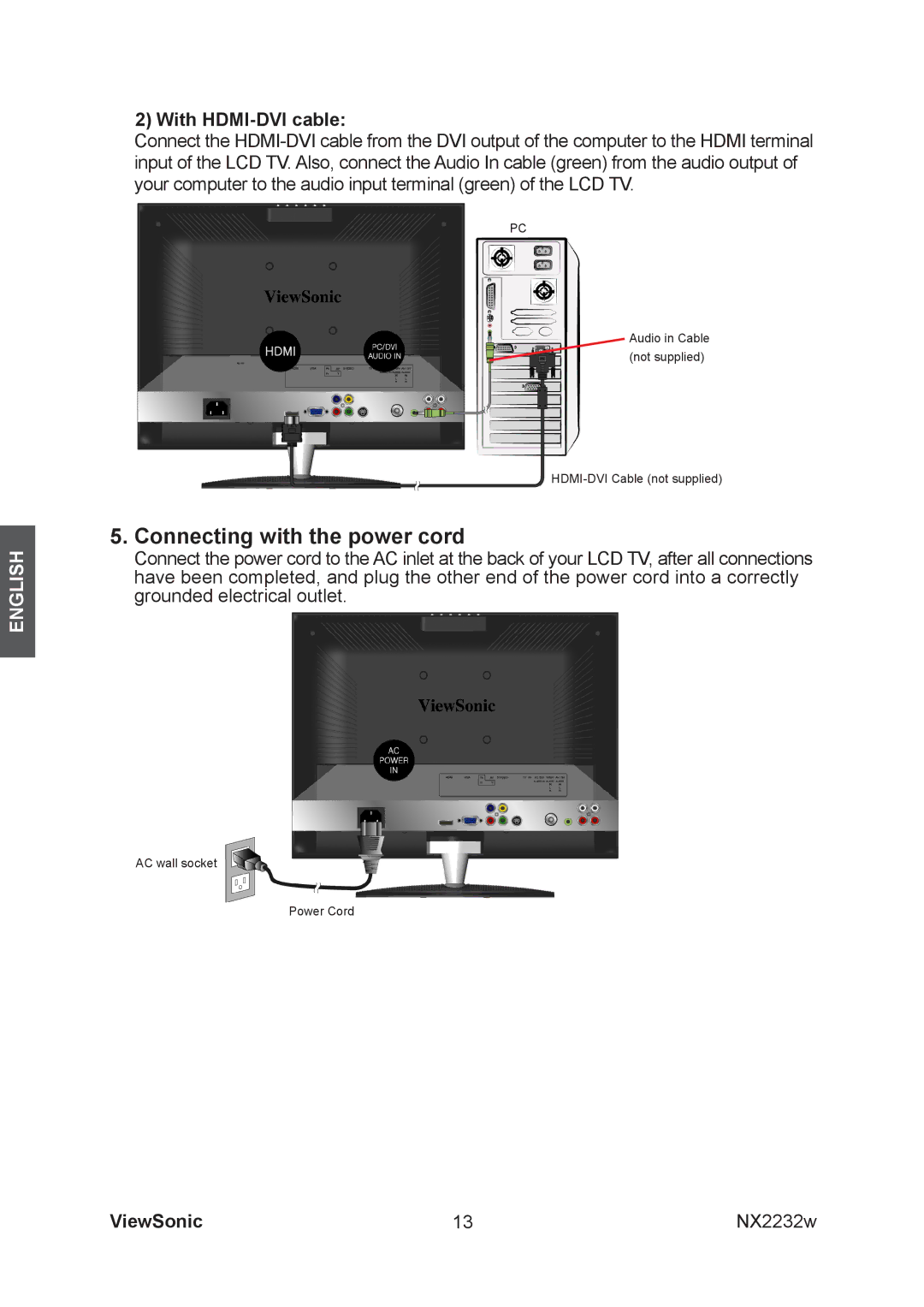 ViewSonic NX2232w manual Connecting with the power cord 