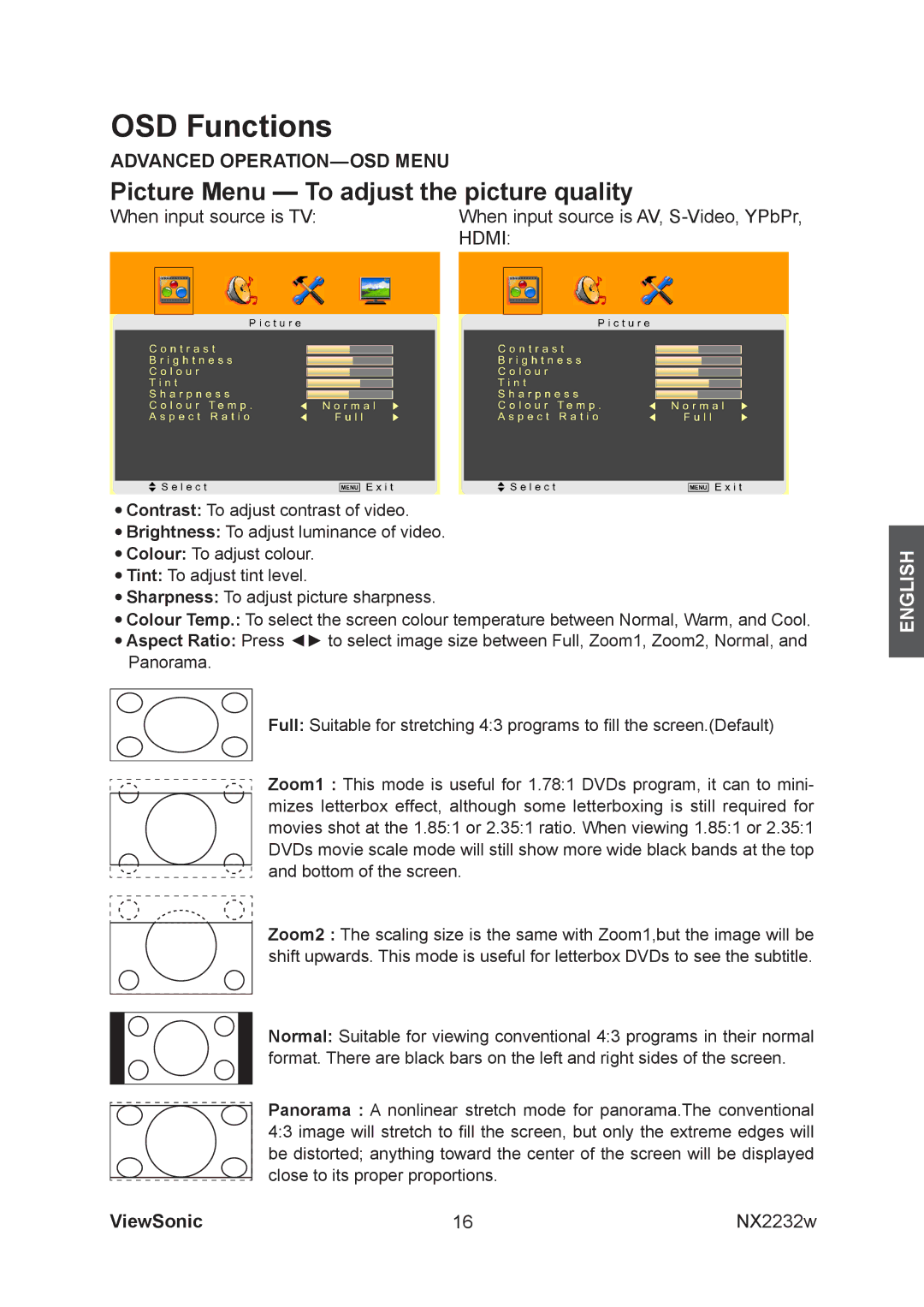 ViewSonic NX2232w manual OSD Functions 