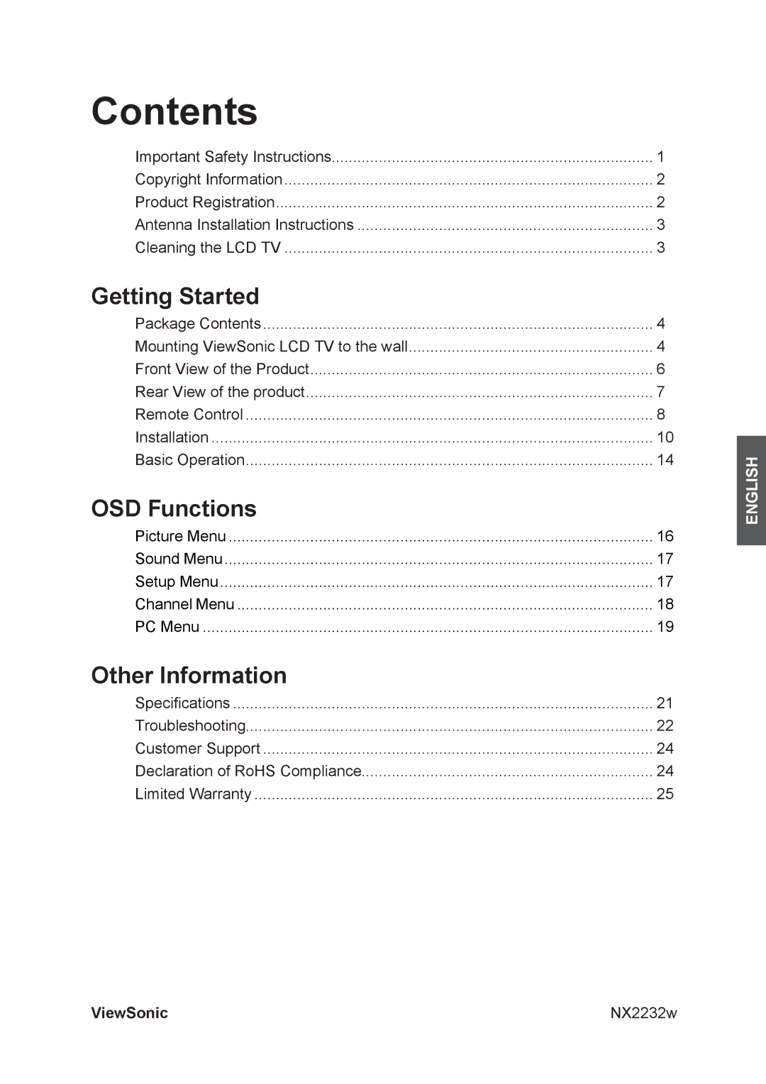 ViewSonic NX2232w manual Contents 