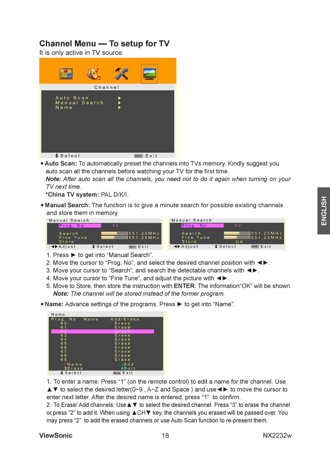 ViewSonic NX2232w manual Channel Menu To setup for TV 