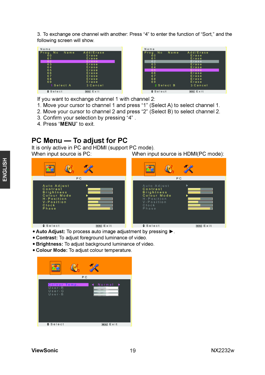 ViewSonic NX2232w manual PC Menu To adjust for PC 