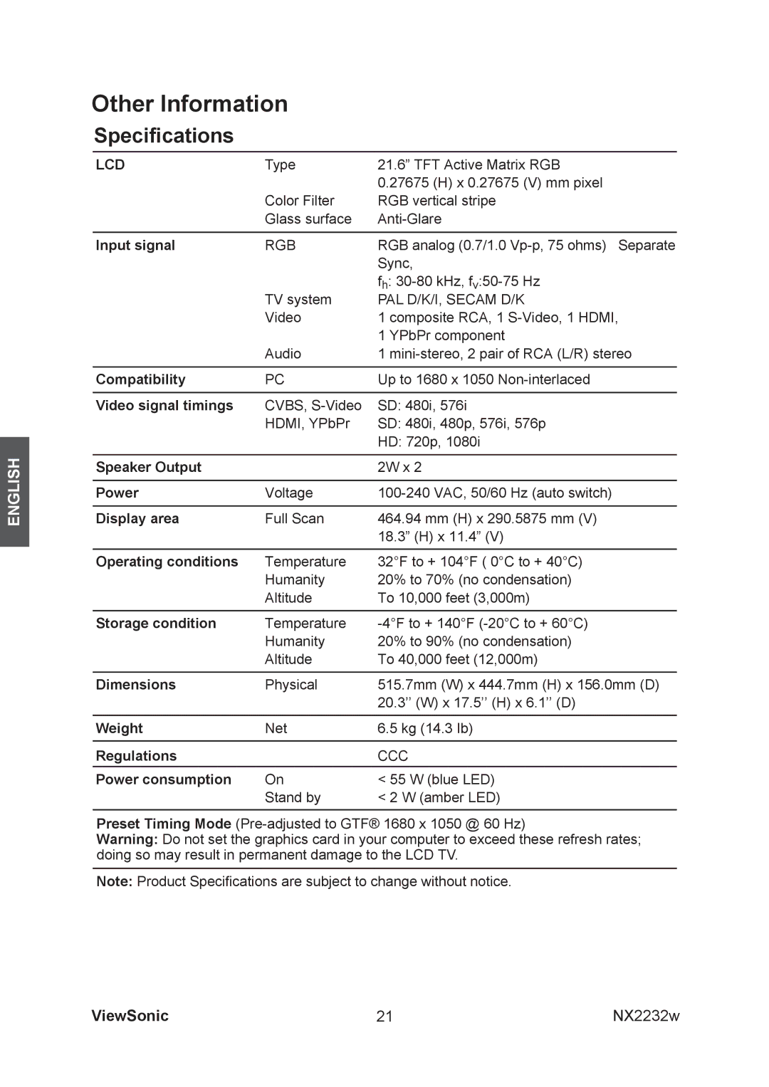 ViewSonic NX2232w manual Specifications 